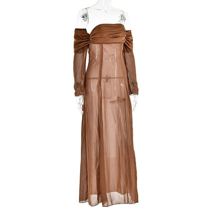 Long sleeve off shoulder ruched see through mesh maxi dress- Final Sale