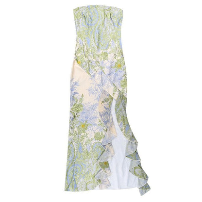 Strapless Floral Paisley Print Ruffle Slit Tube Maxi Dress