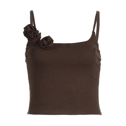 Flower applique square neck solid backless cami crop top