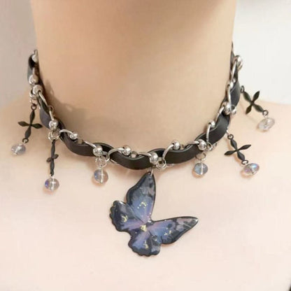 Butterfly PU leather beaded cross choker necklace