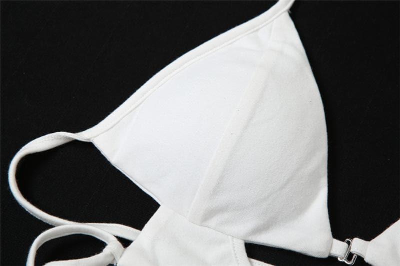 Button hollow out v neck halter backless lace up crop cut out top