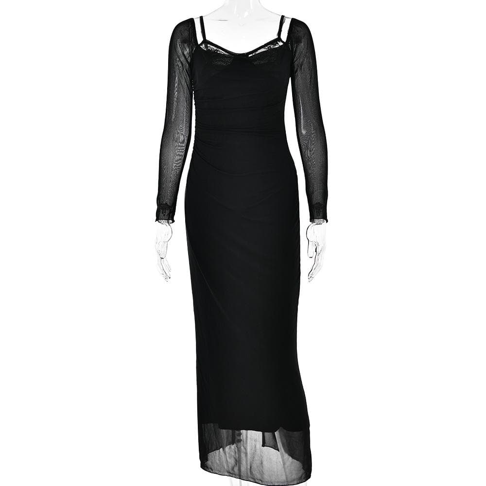 Off Shoulder Mesh Long Sleeve Lace Trim Ruched Maxi Dress
