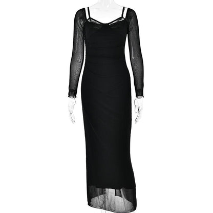 Off Shoulder Mesh Long Sleeve Lace Trim Ruched Maxi Dress