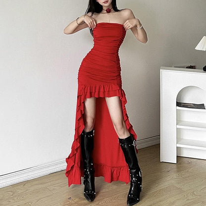 Ruched ruffle solid backless tube maxi dress