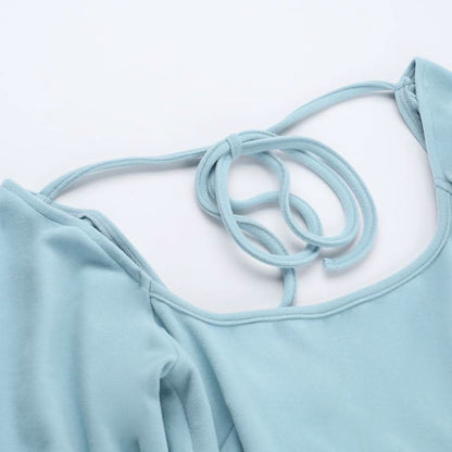 Long sleeve u neck self tie backless mini dress