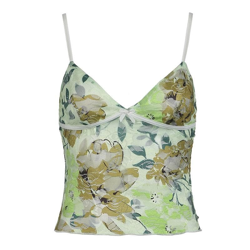 V neck mesh bowknot print cami top