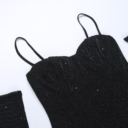 Gloves solid beaded slit sweetheart neck cami mini dress