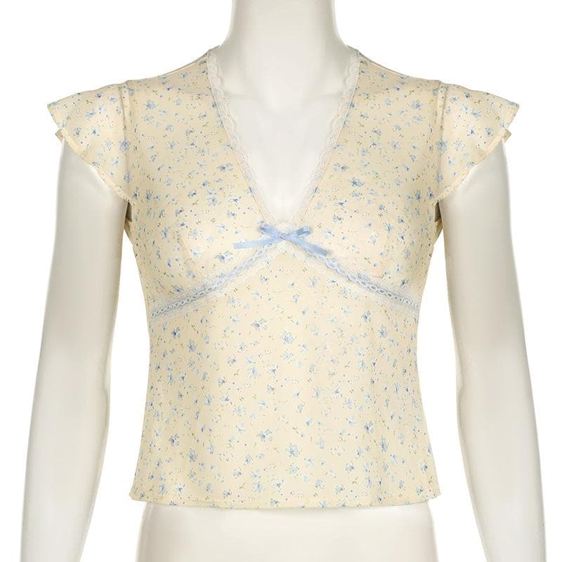 Cap sleeve v neck print bowknot lace hem top