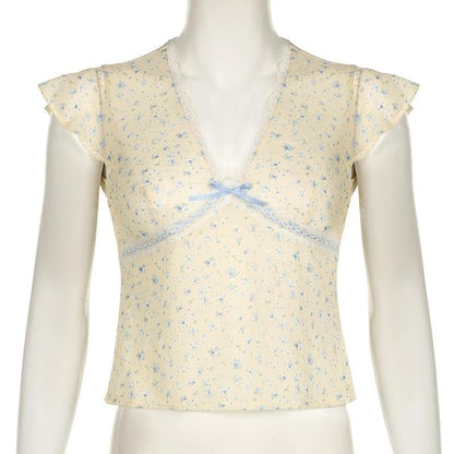 Cap sleeve v neck print bowknot lace hem top