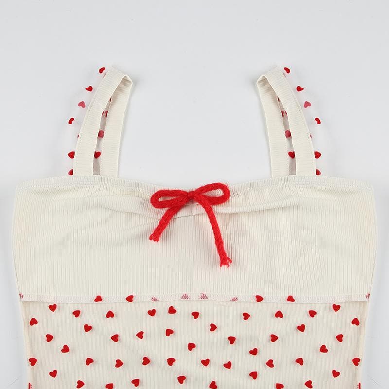 Bowknot ribbed heart pattern mesh cami top