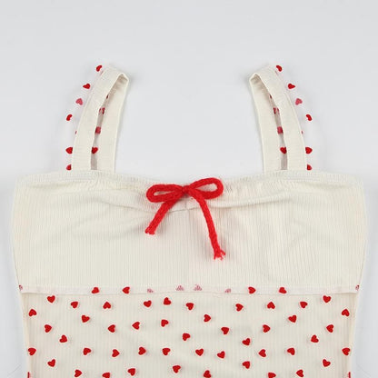 Bowknot ribbed heart pattern mesh cami top