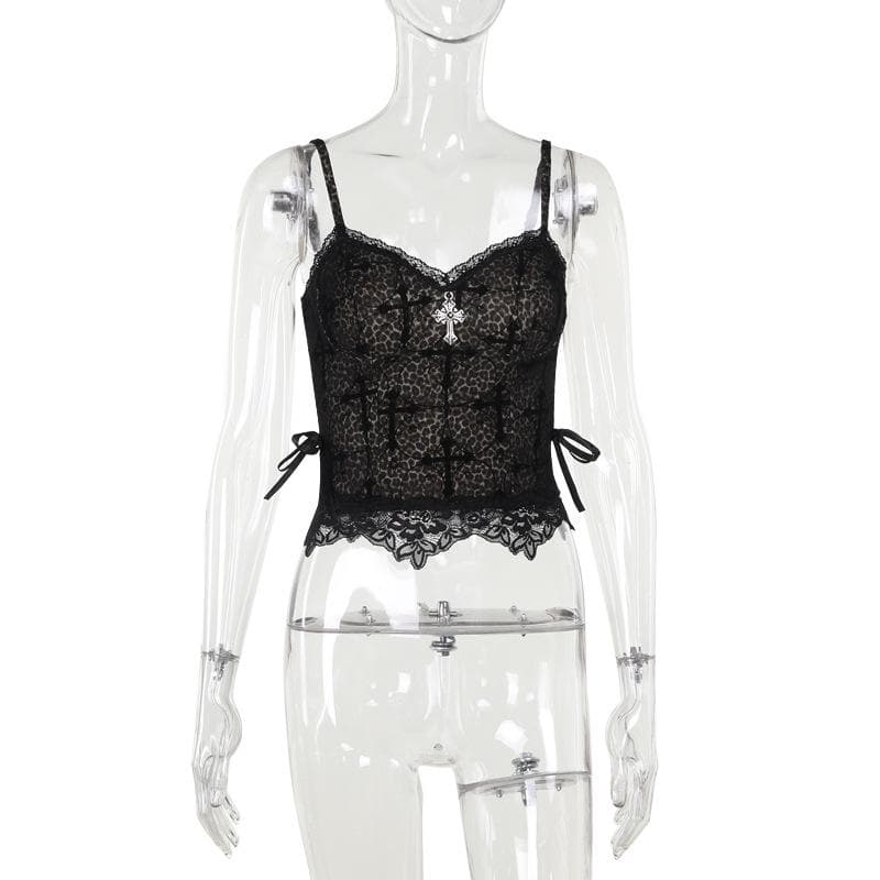 Leopard print cross pattern bowknot lace cami top