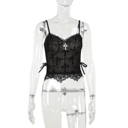 Leopard print cross pattern bowknot lace cami top