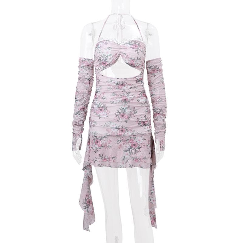 Halter hollow out lace hem flower print gloves cut out mini dress