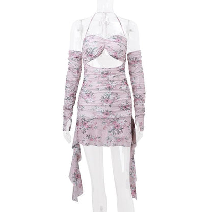 Halter hollow out lace hem flower print gloves cut out mini dress