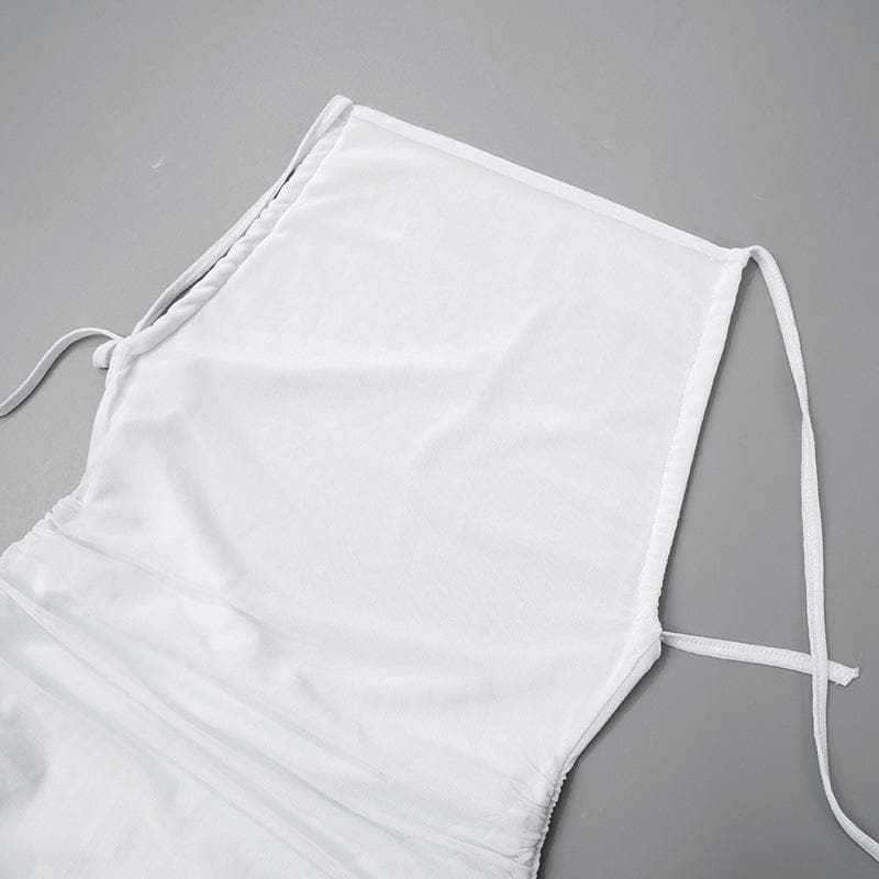 Ruched mesh high slit backless cami maxi dress