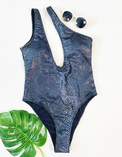 Snakeskin print metallic one shoulder hollow out one piece swimwear