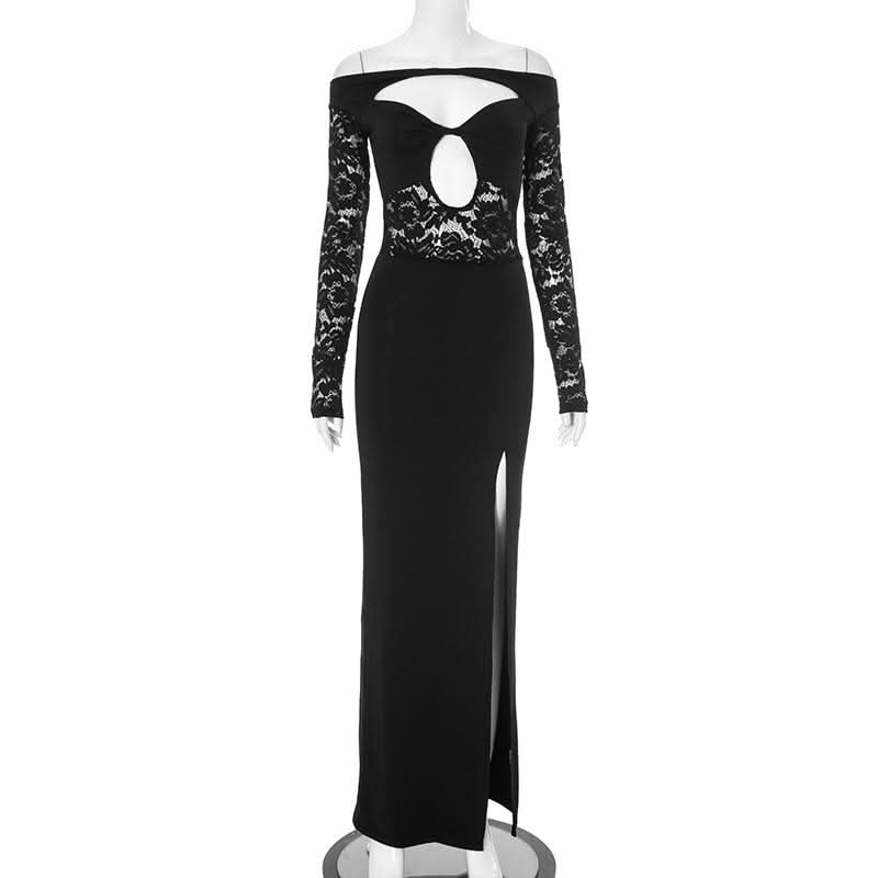 Long sleeve hollow out slit off shoulder lace cut out maxi dress