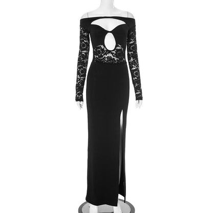 Long sleeve hollow out slit off shoulder lace cut out maxi dress