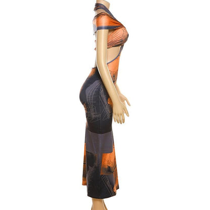 Abstract Print Off-Shoulder Halter O-Ring Waist Cutout Midi Dress