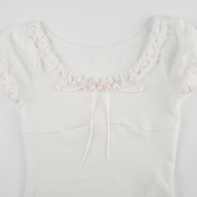 Short puff sleeve bowknot ruffle ribbed top