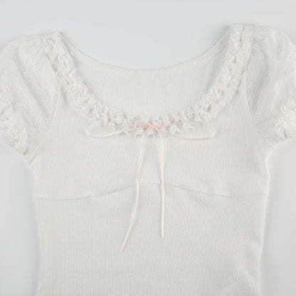 Short puff sleeve bowknot ruffle ribbed top