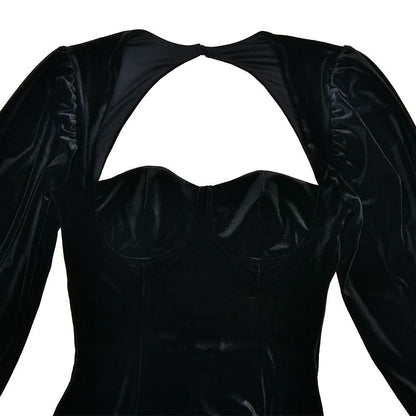 Long sleeve sweetheart neck velvet hollow out cut out mini dress