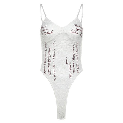 Lace v neck letter print button cami bodysuit