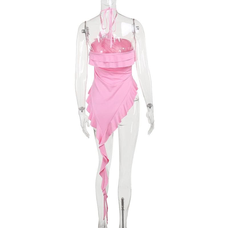 Halter flower applique ruffle irregular crop top