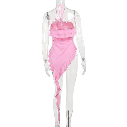 Halter flower applique ruffle irregular crop top