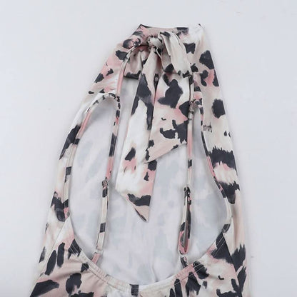 Leopard print high neck backless maxi dress