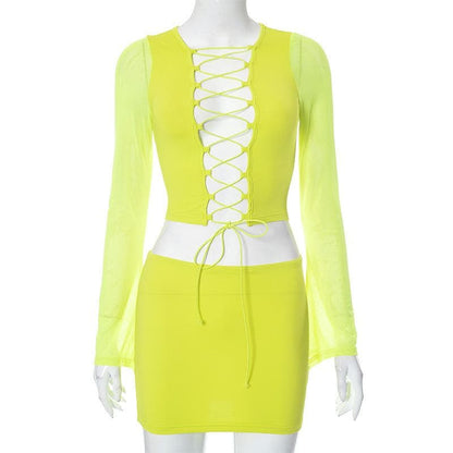 Long sleeve hollow out lace up mesh mini skirt set