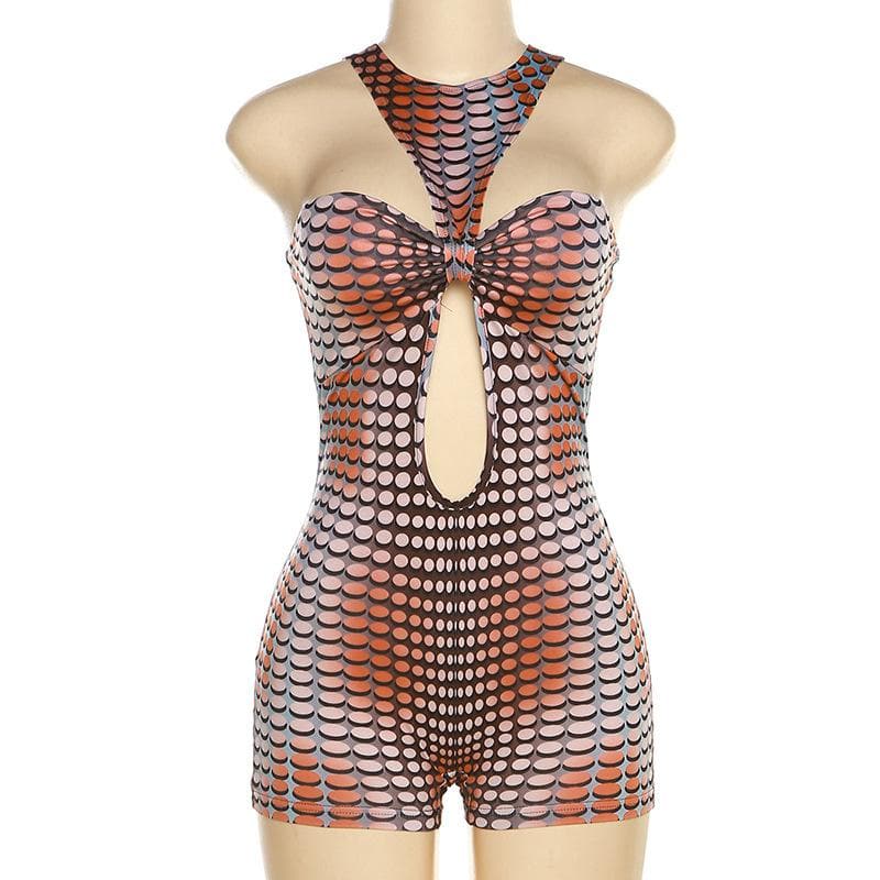 Crewneck polka dot print hollow out romper
