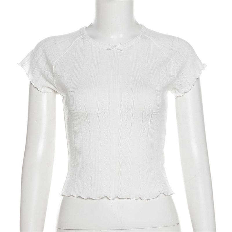 Short sleeve textured bowknot ruffle top