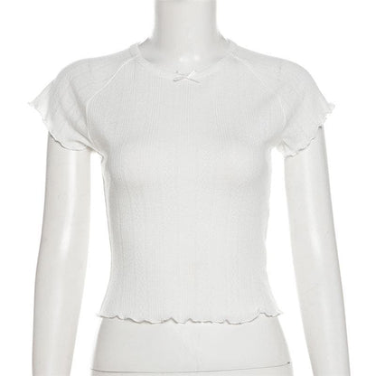 Short sleeve textured bowknot ruffle top
