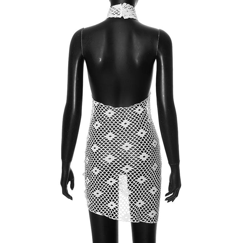 Halter knitted fishnet see through irregular mini dress