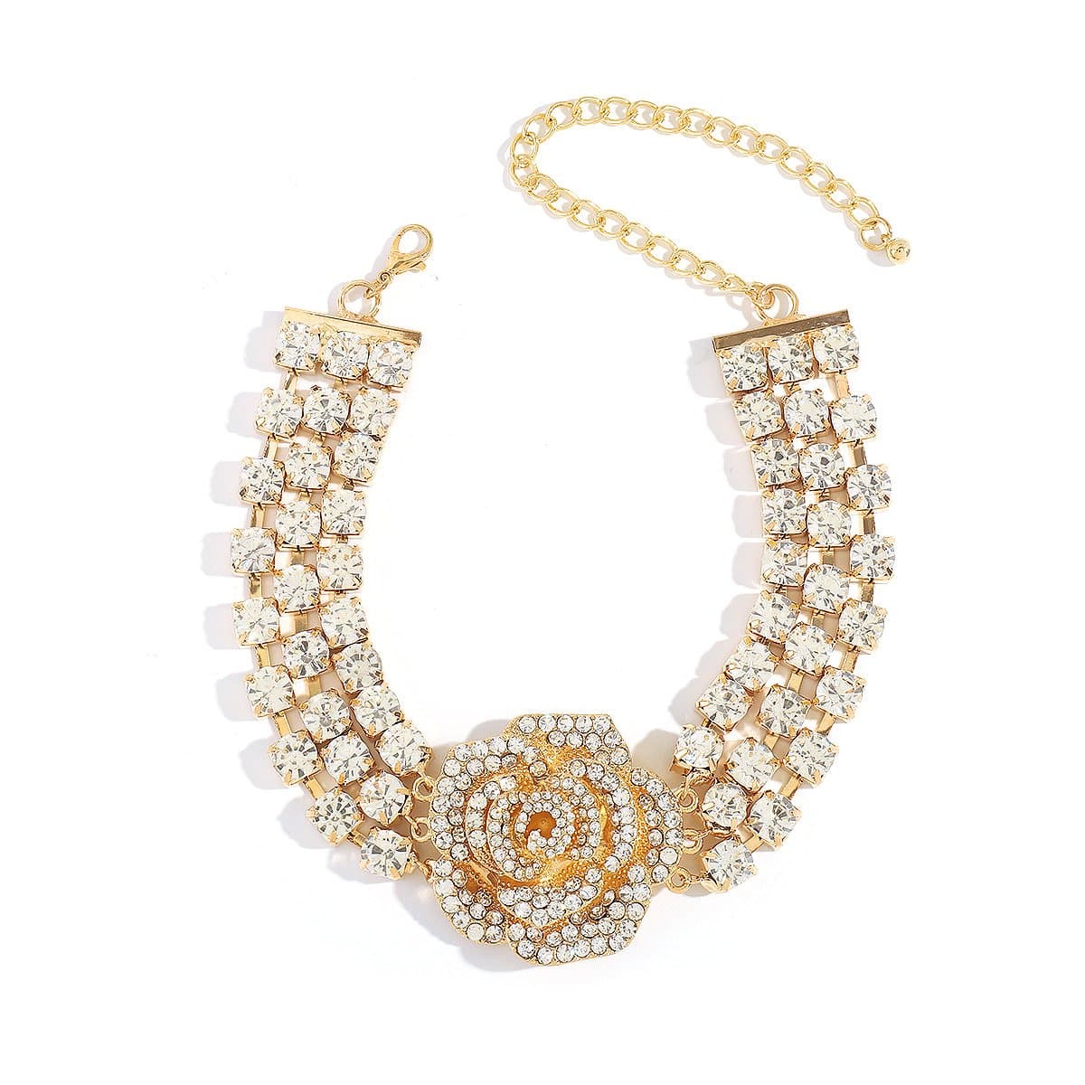 Rhinestone rose decor layered choker necklace