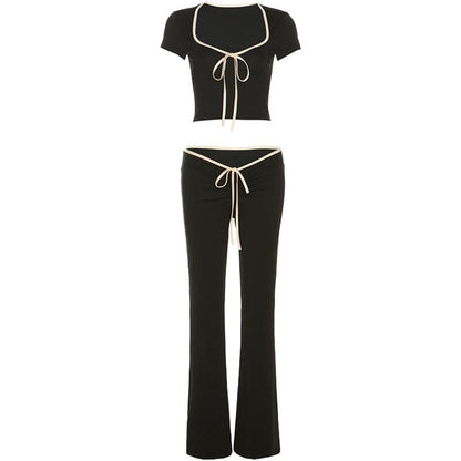 Contrast self tie v neck short sleeve low rise pant set