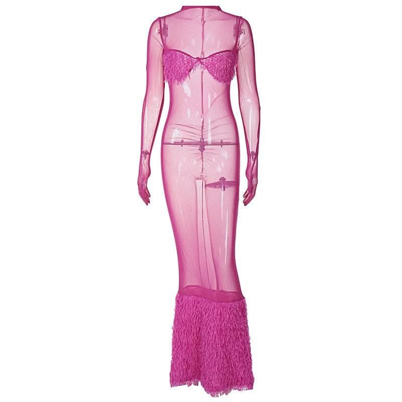 Long sleeve gloves high neck feather mesh see through maxi dress-final-sale