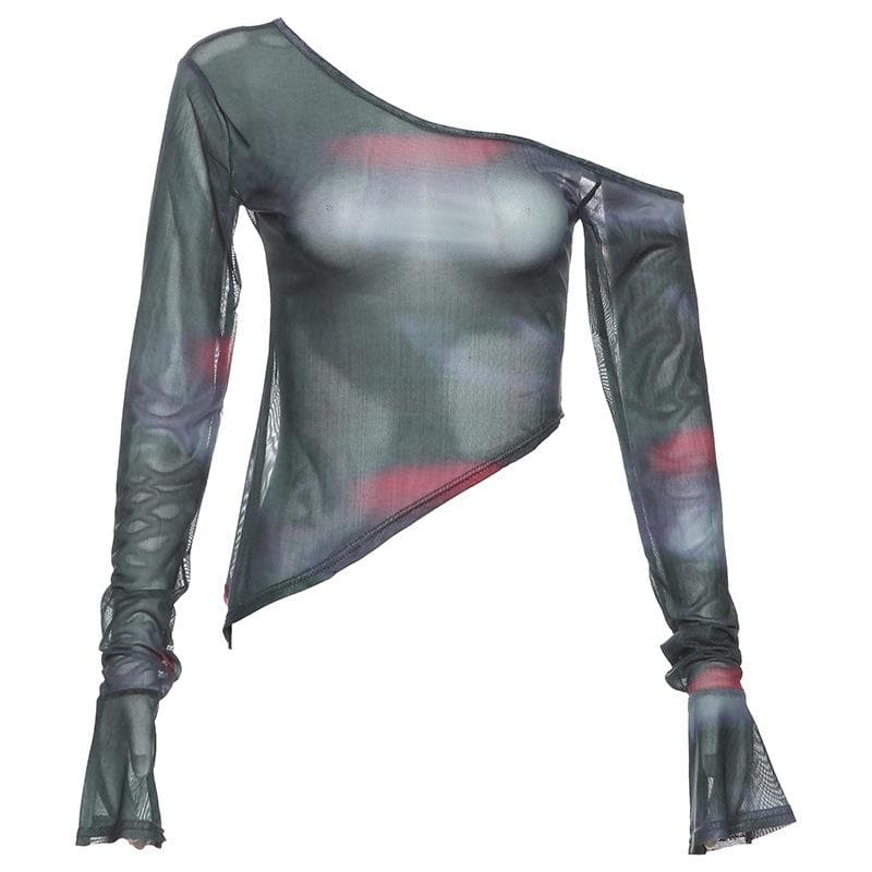 Long flared sleeve irregular one shoulder sheer mesh top