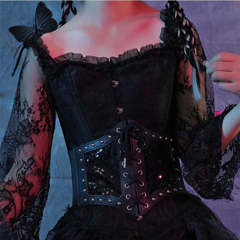 Rivet lace up glitter button corset