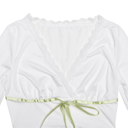 Lace hem long sleeve v neck ribbon ruched top