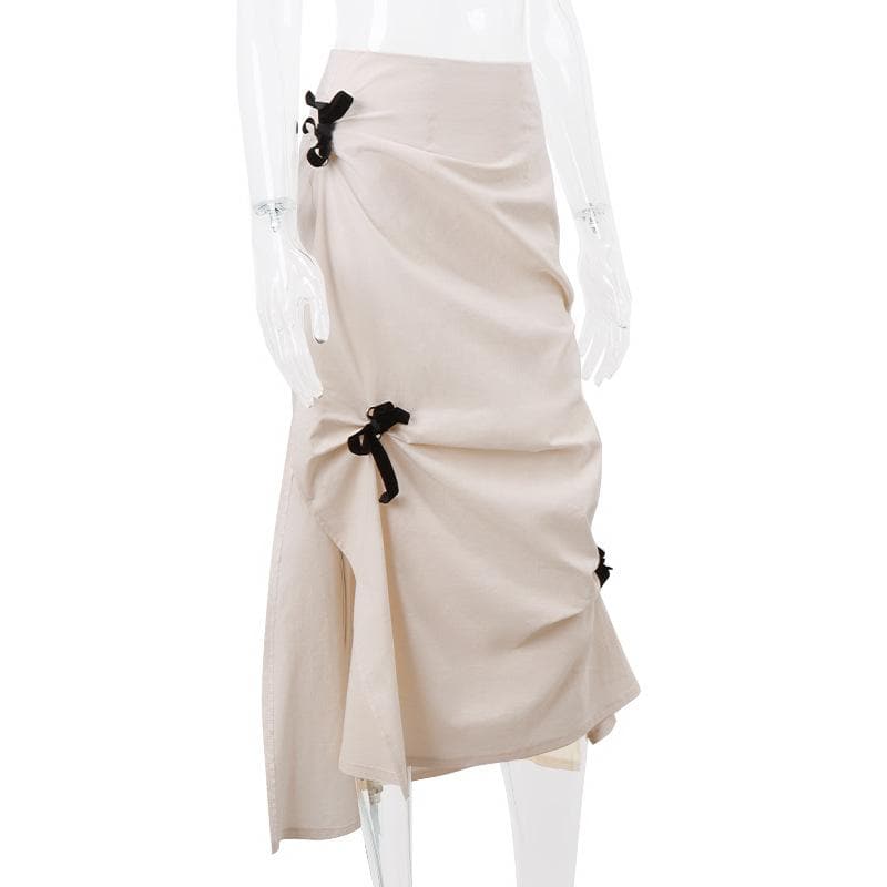 Bowknot ruched zip-up slit irregular contrast midi skirt