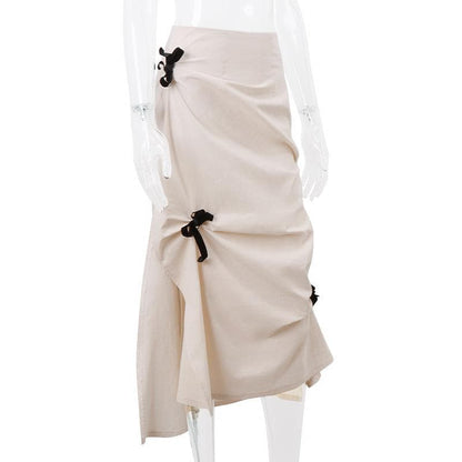 Bowknot ruched zip-up slit irregular contrast midi skirt
