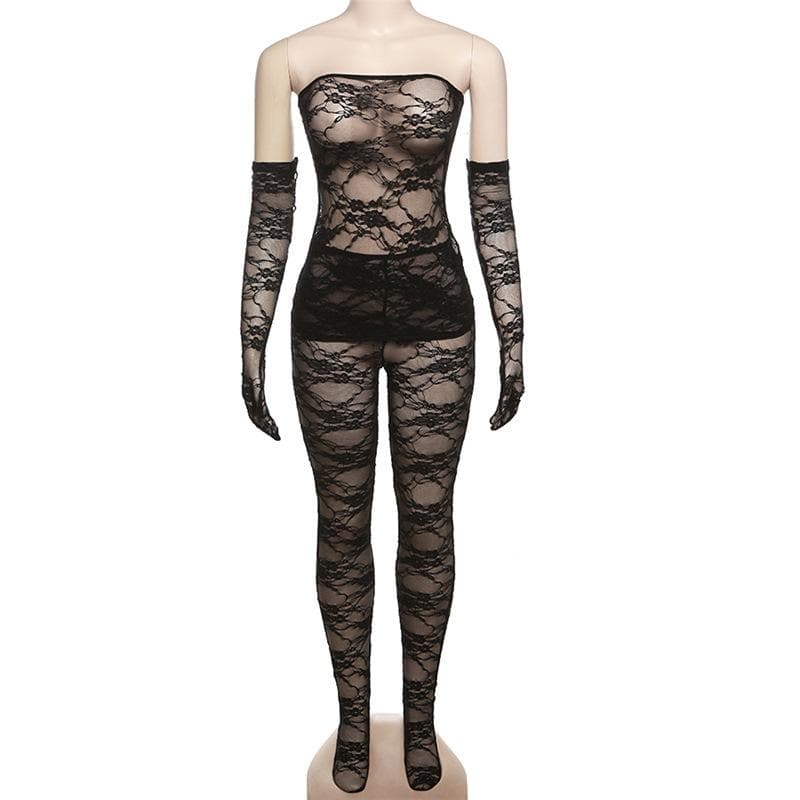 Lace see through gloves solid backless tube pant set-final-sale
