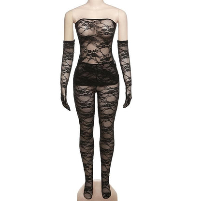 Lace see through gloves solid backless tube pant set-final-sale