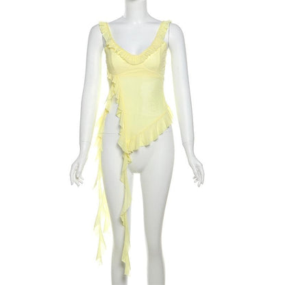 U neck ruffle slit sheer mesh solid cami top