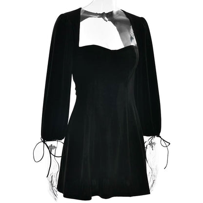 Long sleeve sweetheart neck velvet hollow out cut out mini dress