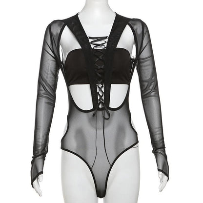 Long sleeve gloves lace up mesh hollow out bodysuit-final-sale