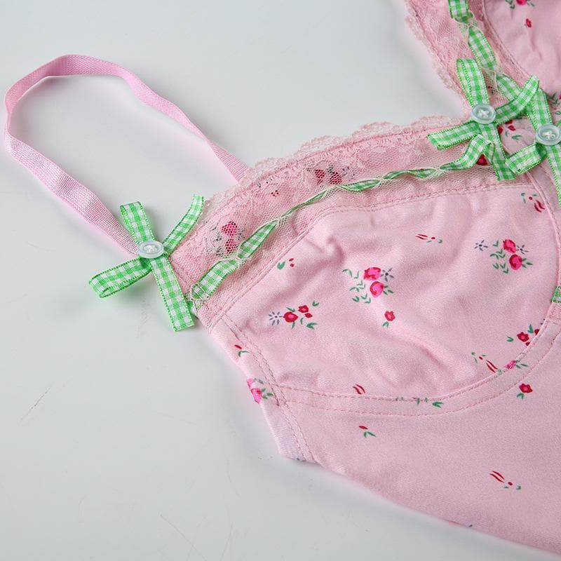 Flower print lace hem bowknot cami top